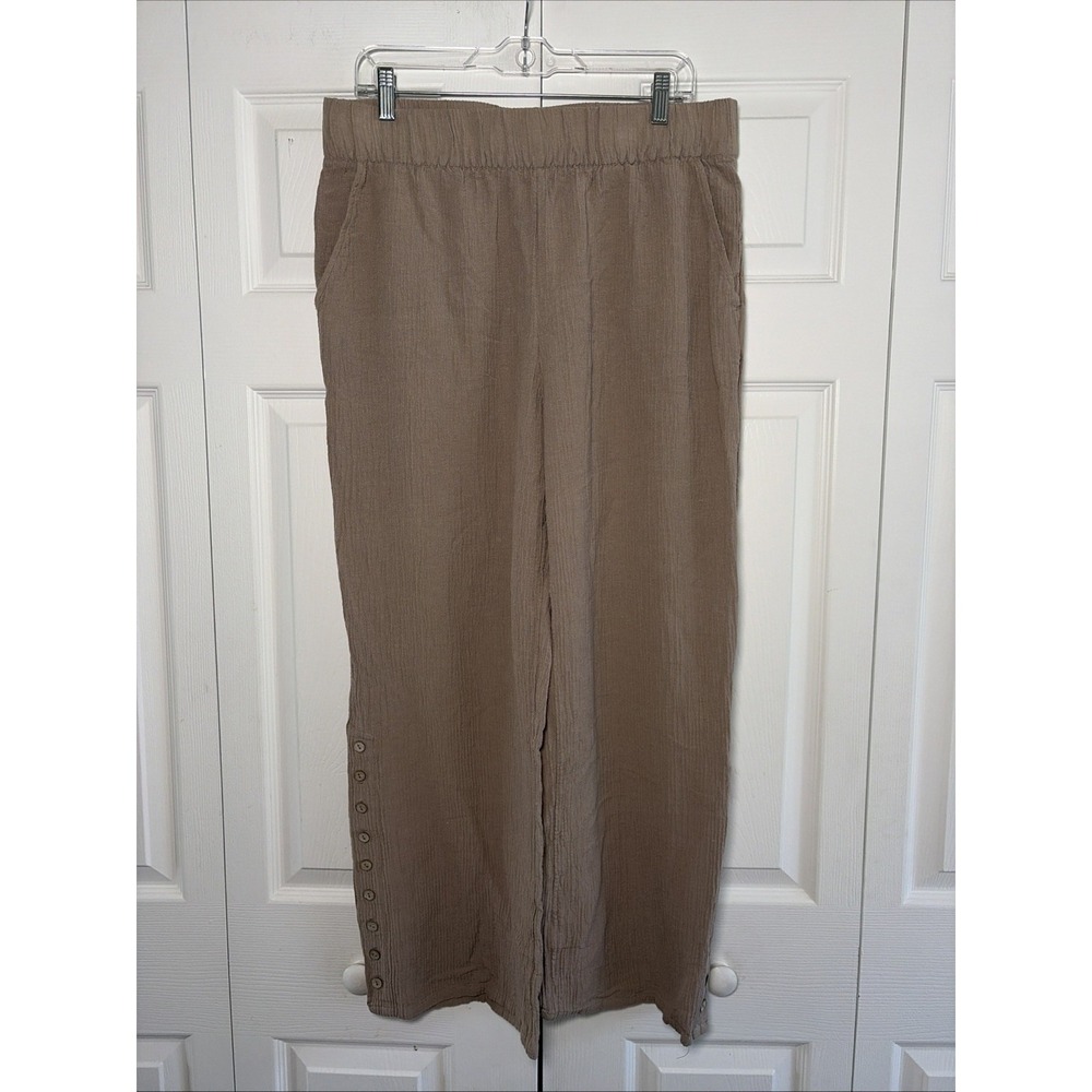 Soft Surroundings Wide Leg Pants Womens Size L Tan Gauze Button Hem Coastal